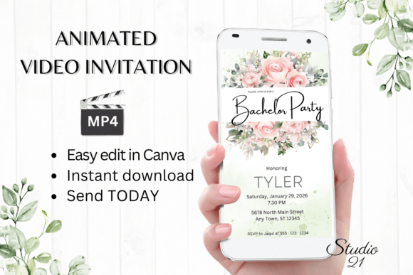Pink Roses Bachelor Party Invite W5276: A Modern Design Asset