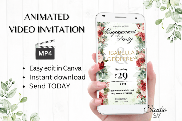 Red Roses Engagement Party Invite W1444: Elegant Digital Design